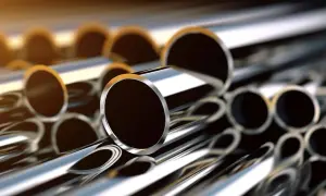 Stal nieuspokojona, lśniące rury ułożone w stos. Ich gładkie, metaliczne powierzchnie odbijają światło, tworząc hipnotyzujący efekt.