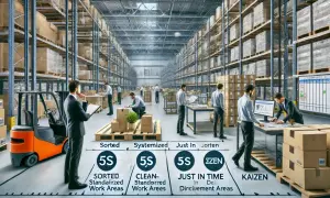 W magazynie pracownicy wdrażają narzędzia lean manufacturing, takie jak 5S i Kaizen, by usprawnić procesy.