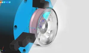 Model 3D części z aluminium, widok przekroju, z elementami projektu i gotowym elementem.