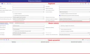 Formularz zlecenia produkcyjnego, gdzie można ustawić wzór zlecenia, jego nagłówek, obszar roboczy i uprawnienia.