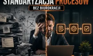 Mężczyzna przytłoczony stertą dokumentów po lewej, po prawej schemat procesów. Standaryzacja co to? Uproszczenie pracy.