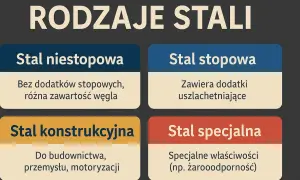 Podział stali: niestopowa, stopowa, konstrukcyjna i specjalna. Każdy rodzaj ma inne właściwości i zastosowania.