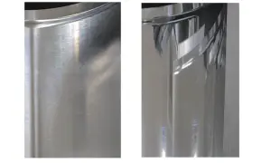Dwa fragmenty aluminium: jeden z widocznymi śladami po polerowaniu, drugi idealnie gładki i lśniący.