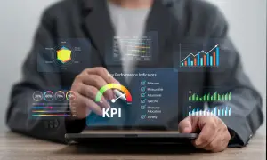 Analiza wskaźników efektywności (KPI) na wykresach i diagramach. Widoczne są kluczowe metryki, takie jak mierzalność, osiągalność i specyfika.