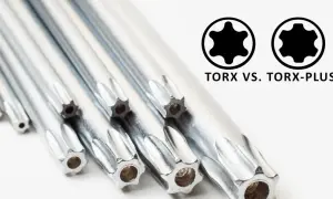Różne rodzaje torx: standardowy i Torx-Plus, pokazane na zbliżeniu metalowych końcówek wkrętów.