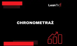 CHRONOMETRAŻ pracy. Czerwone paski i wykres wzrostu symbolizują efektywność i postęp. Logo LeanTri.