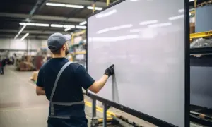 Pracownik w czapce i kamizelce odblaskowej wskazuje na pustą tablicę, symbolizującą zarządzanie wizualne w hali produkcyjnej.