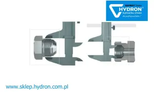 Precyzyjne pomiary gwintu UNC suwmiarką. Dwa ujęcia pokazują szczegóły połączeń hydraulicznych.