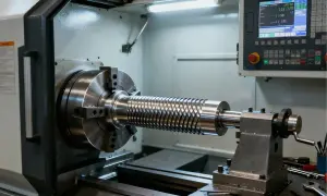 Precyzyjne radełkowanie na tokarce CNC. Metalowy wałek z charakterystycznym wzorem jest obrabiany.