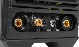 Złącza spawarki TIG Magnum THF 238 PRO AC/DC: gniazda prądowe, przyłącze gazu, złącze REM.