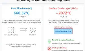 Porównanie temperatury topnienia aluminium (660°C) i jego warstwy tlenkowej (2072°C), która zapewnia odporność na korozję, ale utrudnia spawanie.