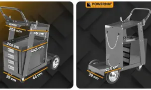 Projekt wózka do spawarki Powermat. Mobilny pomocnik z szufladami i półkami, wymiary podane w cm.