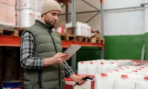Pracownik magazynu sprawdza stany magazynowe, skanując produkty tabletem.
