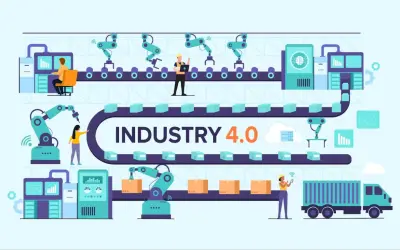 Automatyzacja i robotyzacja w nowoczesnych zakładach. Ilustracja przedstawia kluczowe elementy procesu produkcyjnego w erze Industry 4.0.