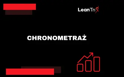 CHRONOMETRAŻ pracy. Czerwone paski i wykres wzrostu symbolizują efektywność i postęp. Logo LeanTri.
