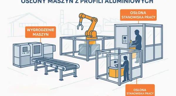 Ogrody maszyn z profili aluminiowych: wygrodzenie maszyn, osłona stanowiska pracy. Norma definicja bezpieczeństwa.