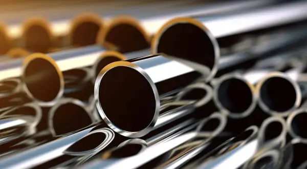 Stal nieuspokojona, lśniące rury ułożone w stos. Ich gładkie, metaliczne powierzchnie odbijają światło, tworząc hipnotyzujący efekt.