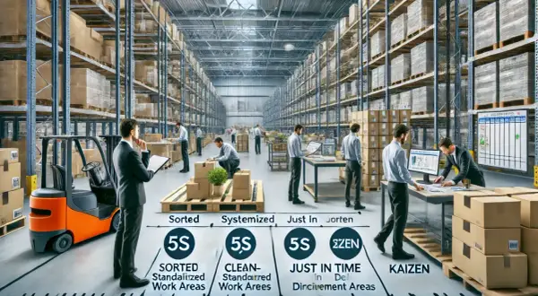 W magazynie pracownicy wdrażają narzędzia lean manufacturing, takie jak 5S i Kaizen, by usprawnić procesy.