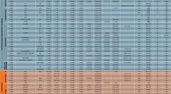 Tabela porównująca grupy materiałowe stali, ich skład chemiczny i właściwości mechaniczne.