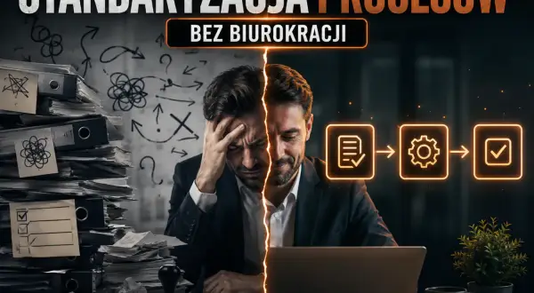 Mężczyzna przytłoczony stertą dokumentów po lewej, po prawej schemat procesów. Standaryzacja co to? Uproszczenie pracy.