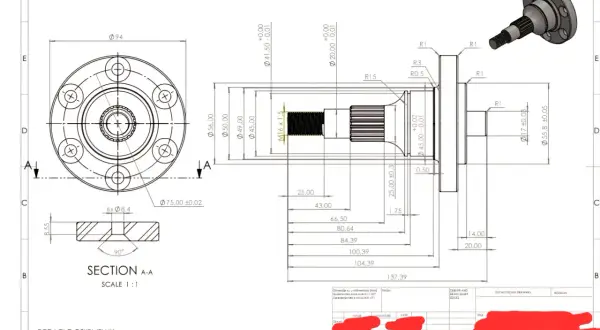 Rysunek techniczny CNC przedstawia wałek z kołnierzem, z wymiarami i oznaczeniami.
