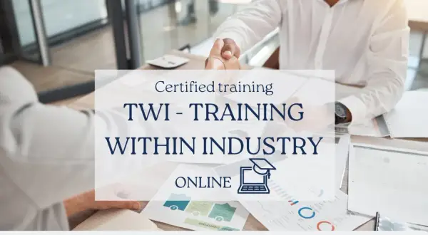 Certyfikowany kurs TWI - Training Within Industry online. Dwie osoby ściskają sobie dłonie, symbolizując współpracę i rozwój.
