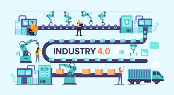 Automatyzacja i robotyzacja w nowoczesnych zakładach. Ilustracja przedstawia kluczowe elementy procesu produkcyjnego w erze Industry 4.0.