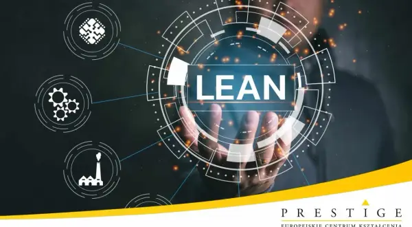 Dłoń dotyka interaktywnego ekranu z napisem LEAN. Ikony symbolizują procesy i produkcję, sugerując lean szkolenie.