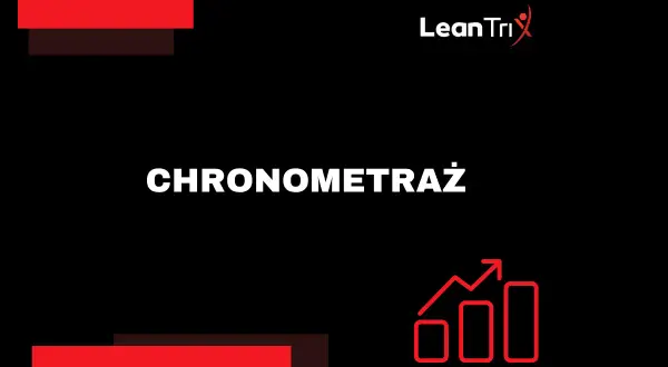 CHRONOMETRAŻ pracy. Czerwone paski i wykres wzrostu symbolizują efektywność i postęp. Logo LeanTri.