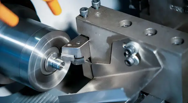 Precyzyjne toczenie aluminium na obrabiarce. Narzędzie skrawające nadaje kształt metalowemu elementowi.