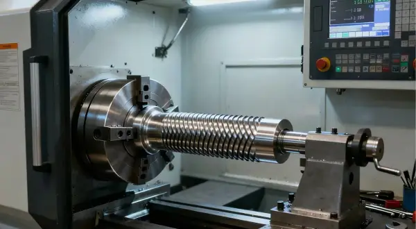Precyzyjne radełkowanie na tokarce CNC. Metalowy wałek z charakterystycznym wzorem jest obrabiany.