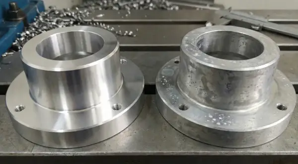 Dwa metalowe elementy, jeden lśniący po obróbce z użyciem chłodziwa do obróbki skrawaniem, drugi z nalotem.