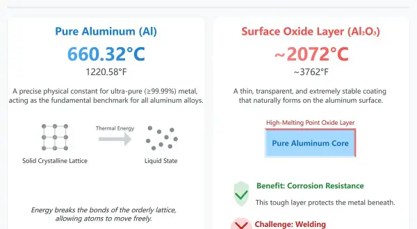 Porównanie temperatury topnienia aluminium (660°C) i jego warstwy tlenkowej (2072°C), która zapewnia odporność na korozję, ale utrudnia spawanie.