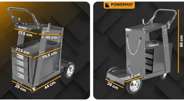 Projekt wózka do spawarki Powermat. Mobilny pomocnik z szufladami i półkami, wymiary podane w cm.