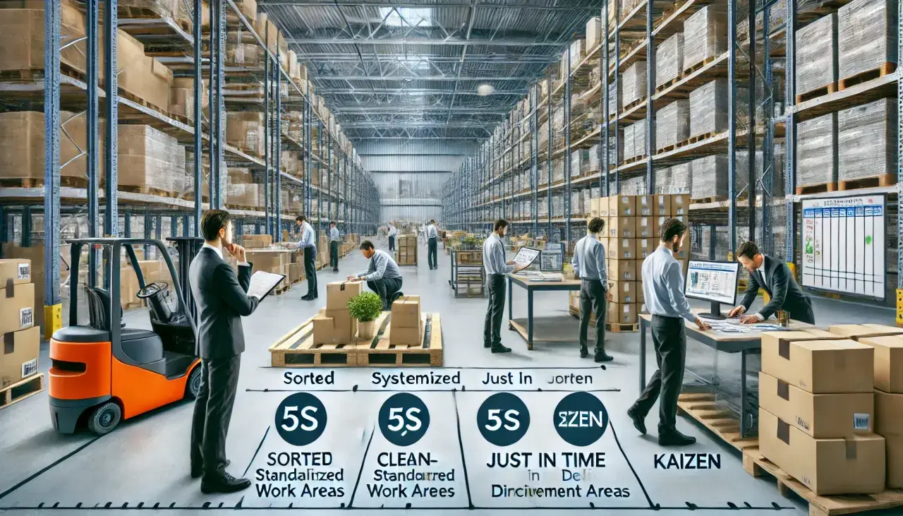 W magazynie pracownicy wdrażają narzędzia lean manufacturing, takie jak 5S i Kaizen, by usprawnić procesy.