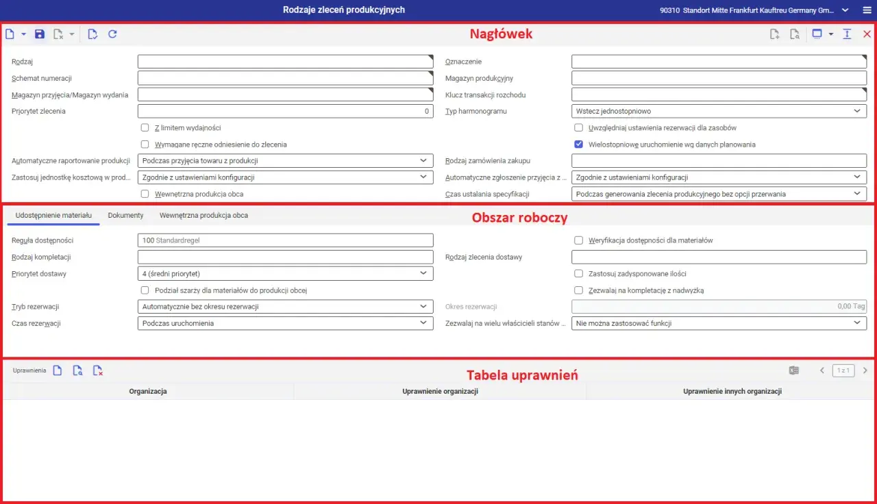 Formularz zlecenia produkcyjnego, gdzie można ustawić wzór zlecenia, jego nagłówek, obszar roboczy i uprawnienia.