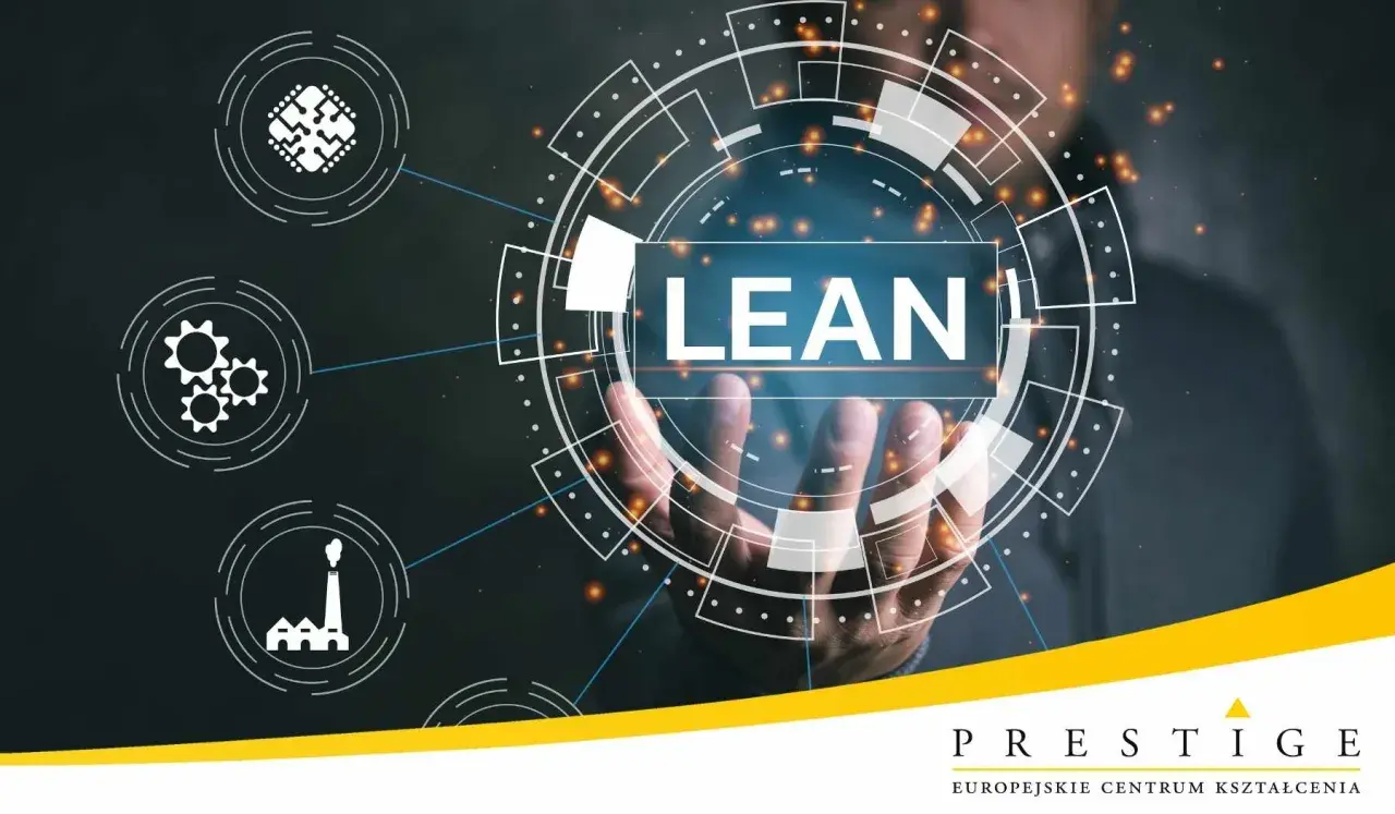 Dłoń dotyka interaktywnego ekranu z napisem LEAN. Ikony symbolizują procesy i produkcję, sugerując lean szkolenie.