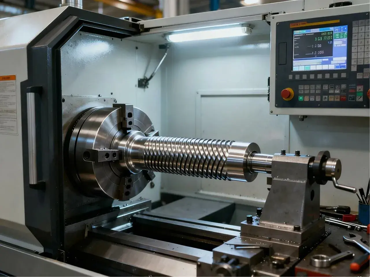 Precyzyjne radełkowanie na tokarce CNC. Metalowy wałek z charakterystycznym wzorem jest obrabiany.
