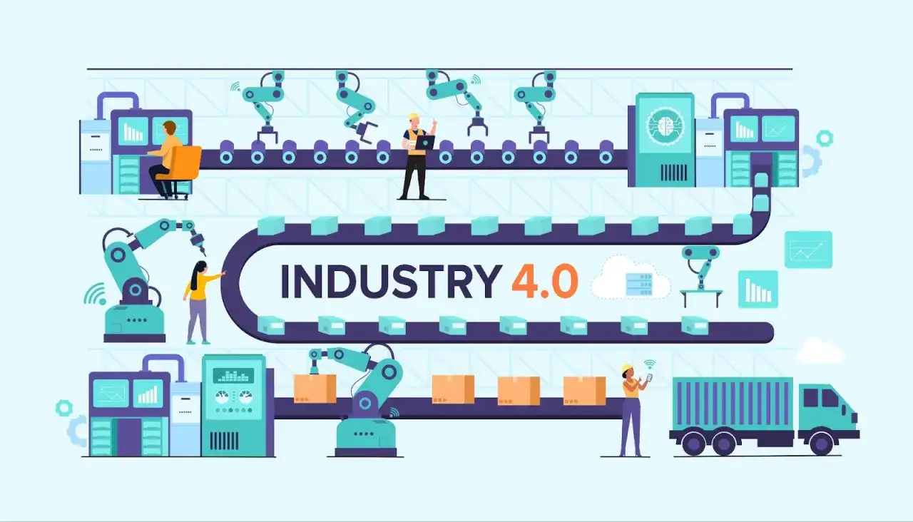 Automatyzacja i robotyzacja w nowoczesnych zakładach. Ilustracja przedstawia kluczowe elementy procesu produkcyjnego w erze Industry 4.0.