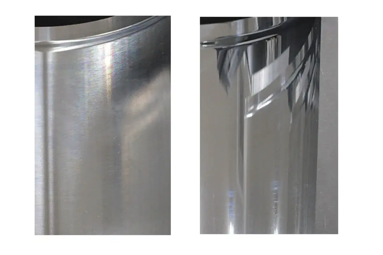 Por&oacute;wnanie powierzchni: po lewej matowe aluminium, po prawej efekt polerowania aluminium, ukazujący lustrzany połysk.