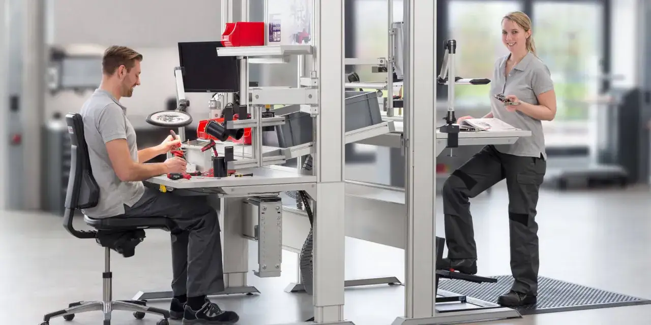 Mężczyzna i kobi&ntilde;a pracują przy stanowiskach zorganizowanych pod kątem ergonomii. Efektywna organizacja miejsca pracy ułatwia montaż.