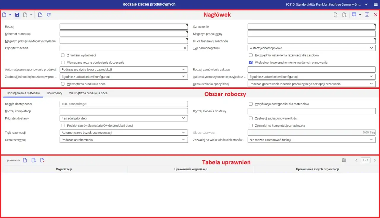 Formularz zlecenia produkcyjnego, gdzie można ustawić wz&oacute;r, priorytet, dostępność materiał&oacute;w i inne parametry.