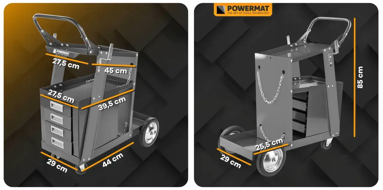 Projekt w&oacute;zka do spawarki Powermat. Mobilny, metalowy w&oacute;zek z szufladami i p&oacute;łkami, wymiary podane w cm.