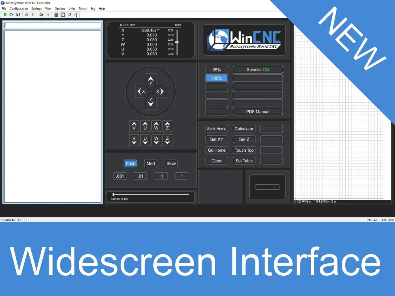Interfejs programu linux cnc z przyciskami sterującymi, wyświetlaczem wsp&oacute;łrzędnych i panelem kontrolnym.