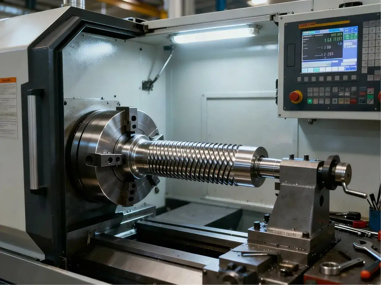 Precyzyjne radełkowanie na tokarce CNC, tworzące spiralny wz&oacute;r na metalowym elemencie.
