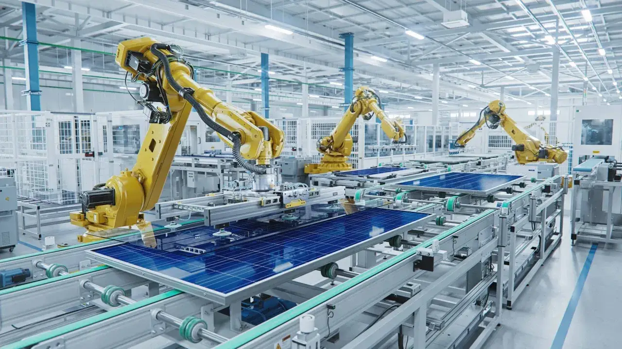 Roboty przemysłowe montują panele słoneczne na linii produkcyjnej, symbolizując IV rewolucję przemysłową i postęp technologiczny.