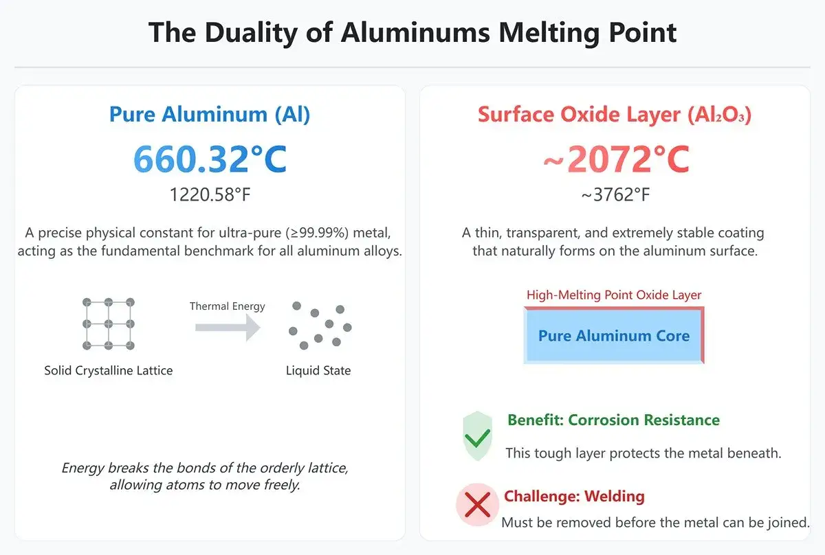Por&oacute;wnanie temperatury topnienia aluminium (660&deg;C) i jego warstwy tlenkowej (2072&deg;C). Tlenek chroni przed korozją, ale utrudnia spawanie.
