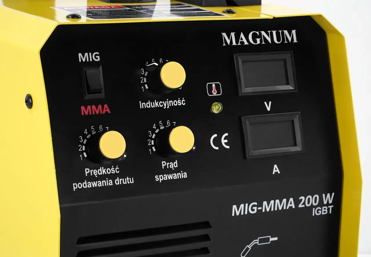 Panel sterowania spawarki Magnum MIG-MMA 200 W IGBT z pokrętłami indukcyjności, prędkości podawania drutu i prądu spawania.