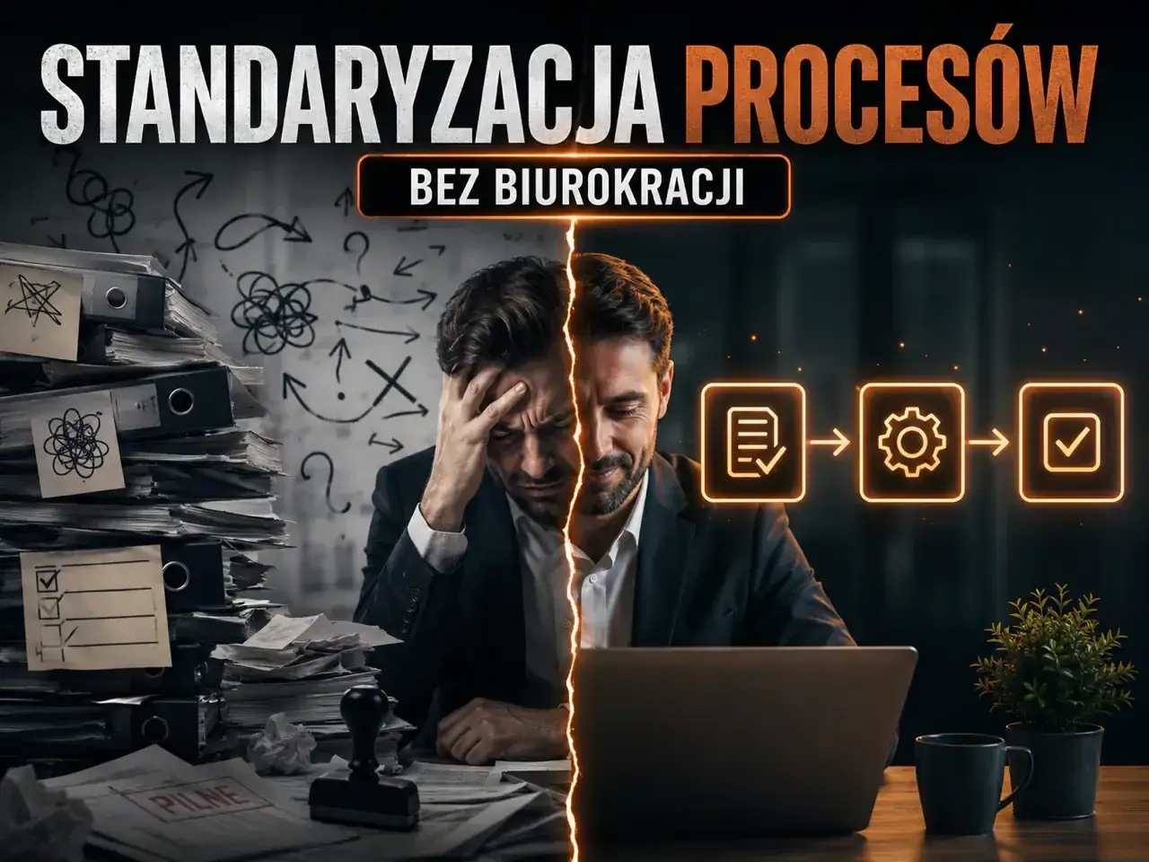 Mężczyzna zrezygnowany przy stosie dokument&oacute;w kontra uporządkowany proces. Standaryzacja co to? To droga do efektywności bez biurokracji.