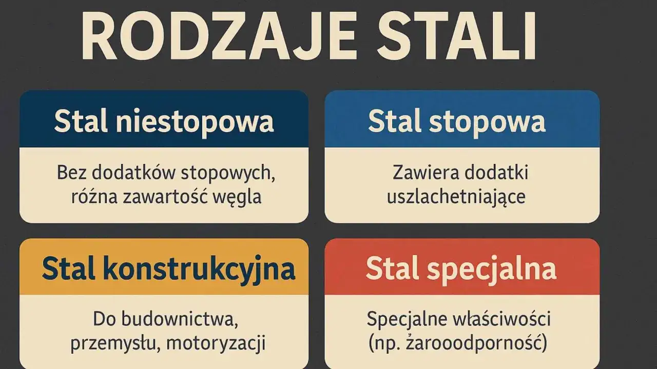 Podział grup materiałowych stali: niestopowa, stopowa, konstrukcyjna i specjalna.
